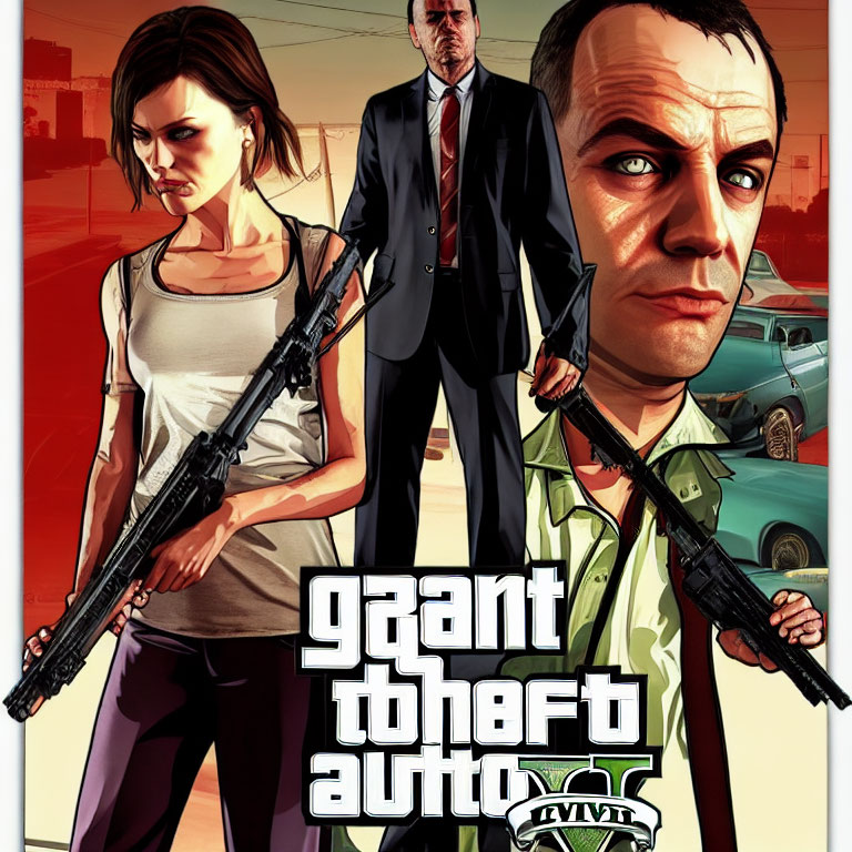 Armed characters and suited man in urban GTA V illustration