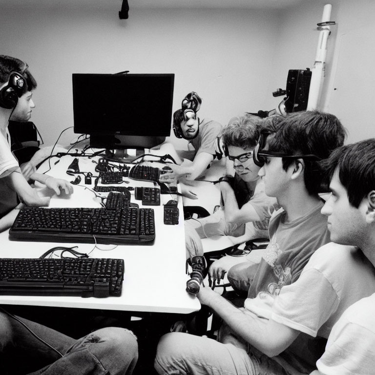 Group of Five Individuals with Headphones Gaming at Table