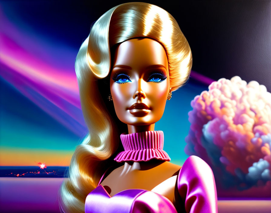 Blonde doll with blue eye shadow in pink dress amid colorful lights and sunset