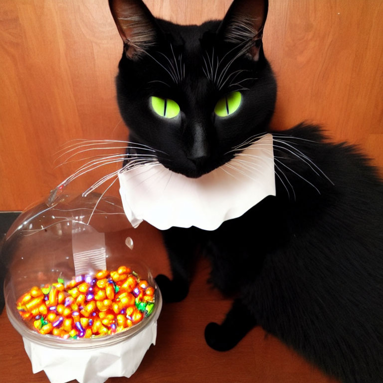 Black cat with green eyes and white collar beside colorful candies on wooden surface