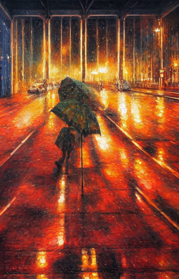 Night scene: Person with umbrella on rain-soaked, lit street