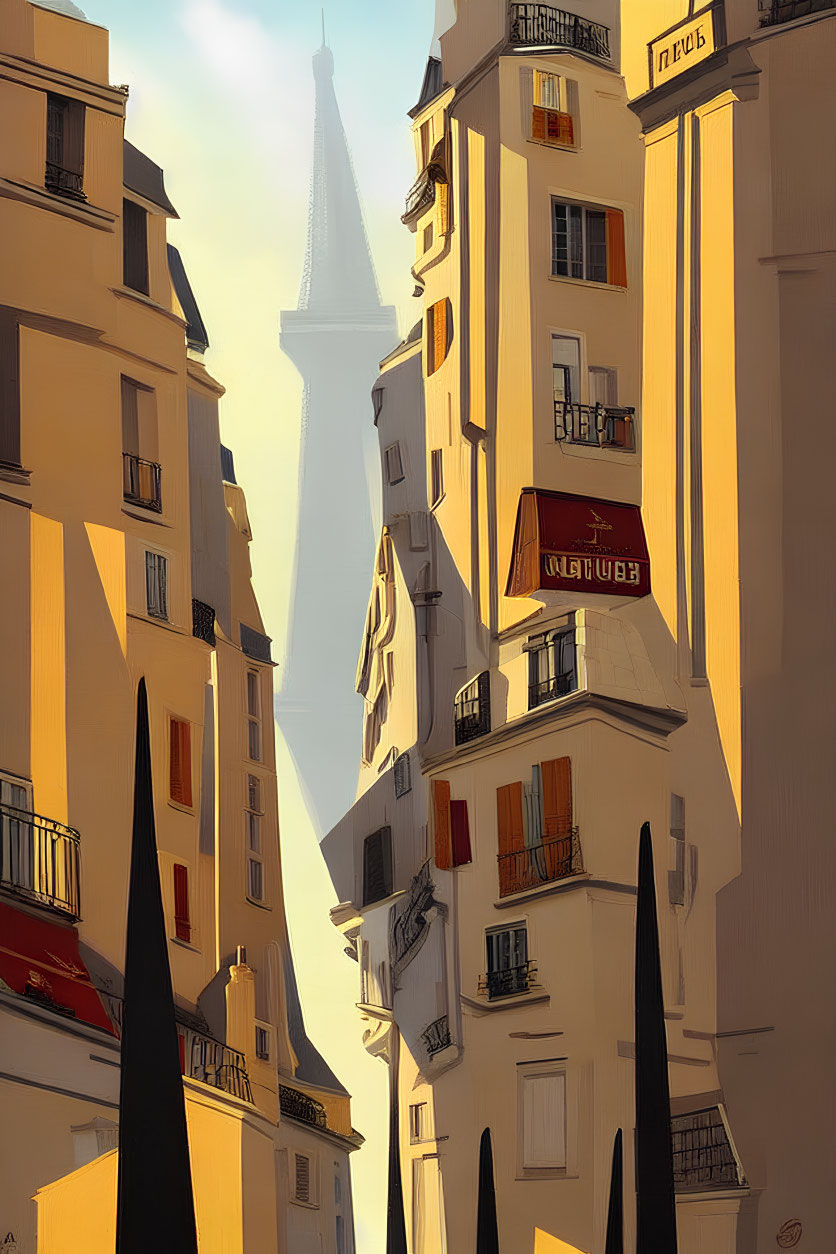 Sunlit Parisian Street with Beige Buildings and Eiffel Tower Illustration