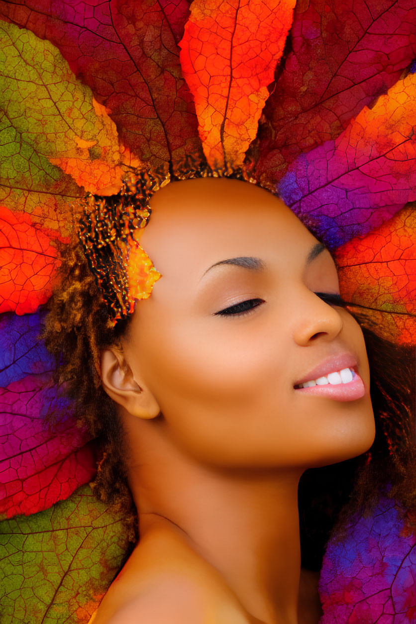 Serene woman with autumn leaves backdrop and orange hair adornments