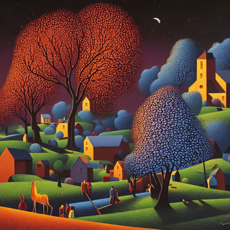 Vibrant village scene with oversized trees, church, houses, and figures at dusk.