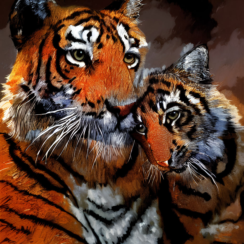 Adult Tiger and Cub Affectionately Touching Heads with Striking Fur Details