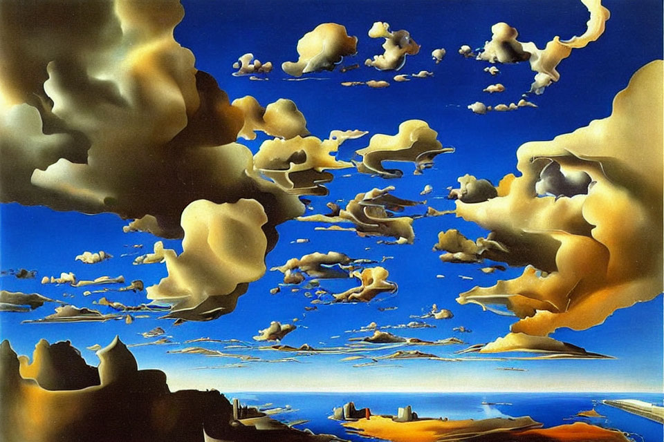 Surrealistic Painting: Floating Clouds Over Desert Landscape