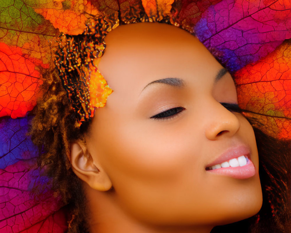 Serene woman with autumn leaves backdrop and orange hair adornments