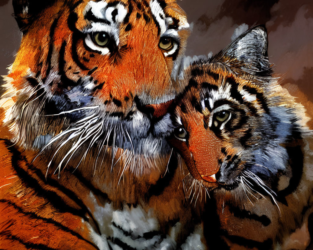 Adult Tiger and Cub Affectionately Touching Heads with Striking Fur Details