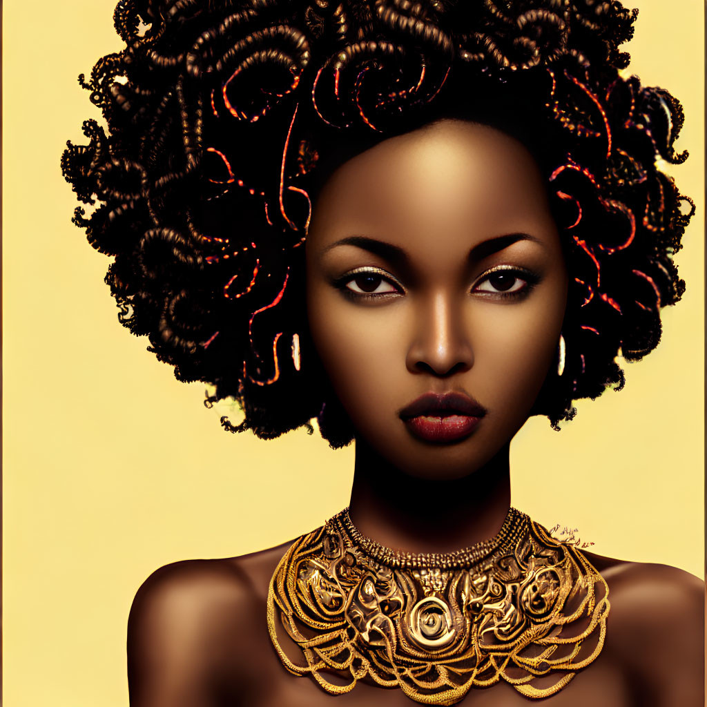 Detailed Woman Illustration: Curly Hair & Gold Necklace on Yellow Background