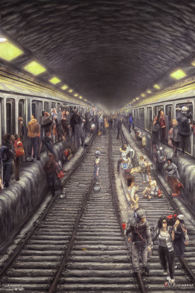 Busy subway station with crowded platforms and people walking across tracks