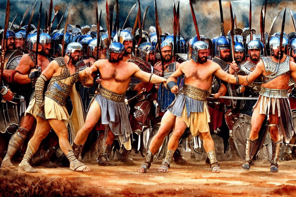 Ancient Greek soldiers in bronze helmets and armor with spears and shields.