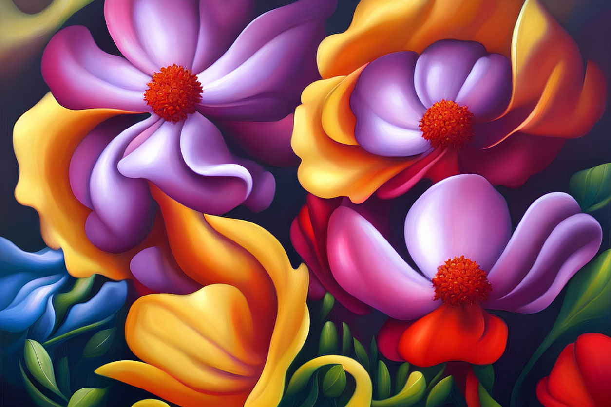 Colorful digital painting of stylized flowers in purple, yellow, and red on dark background