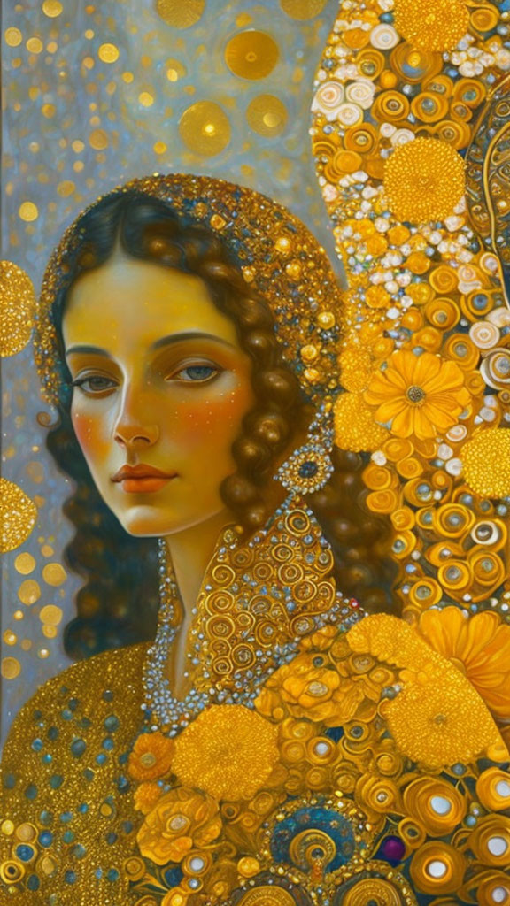 Surreal portrait of woman with serene expression and golden floral motifs