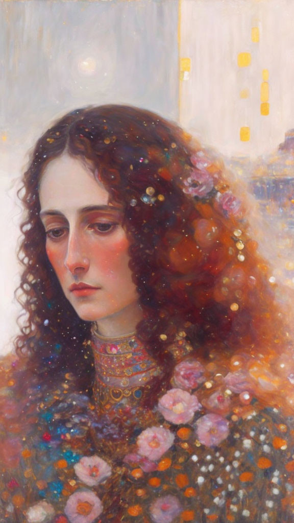 Melancholic woman with curly brown hair and colorful flowers against dreamy background.