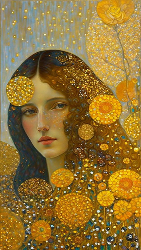 Golden-hued Art Nouveau-inspired woman with floral motifs