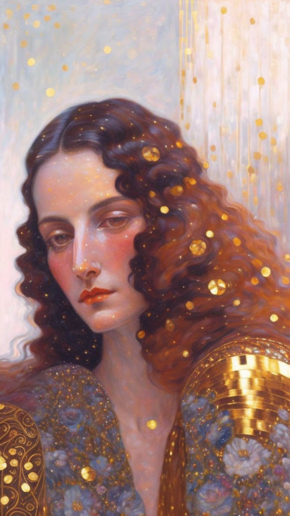 Portrait of Woman with Wavy Brown Hair and Golden Accents