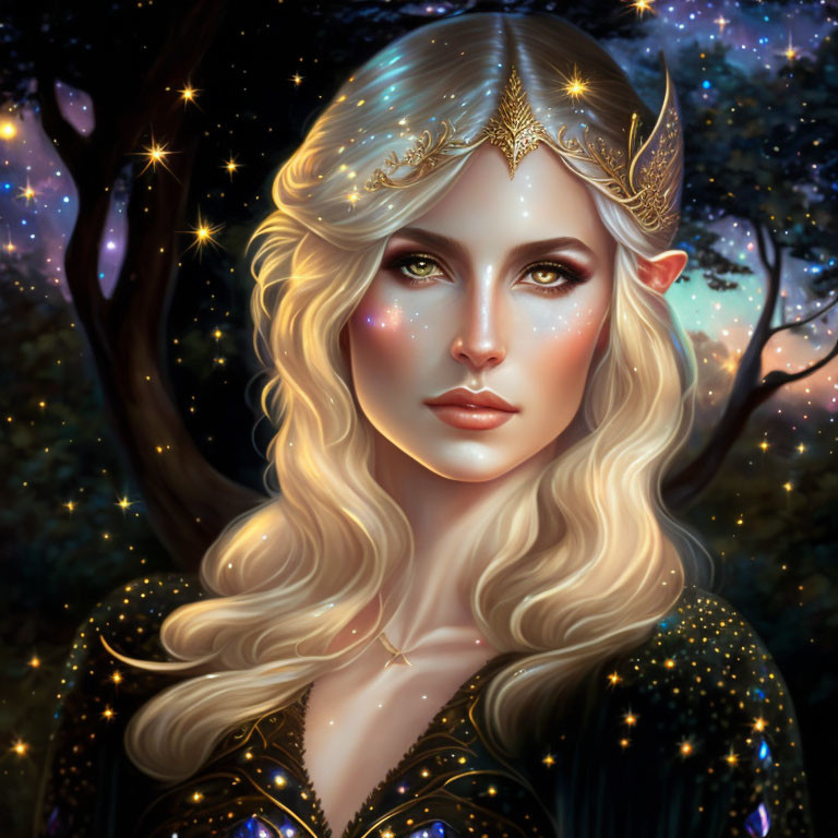 Ethereal female elf with golden hair in enchanted forest