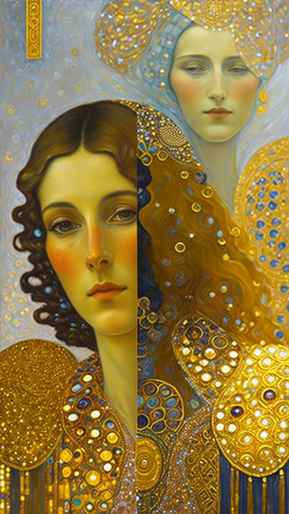 Stylized female portraits with ornate golden patterns in Art Nouveau style