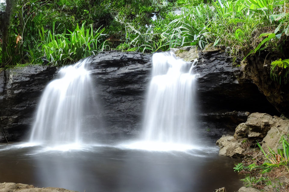 Tranquil waterfall flowing into lush green pool