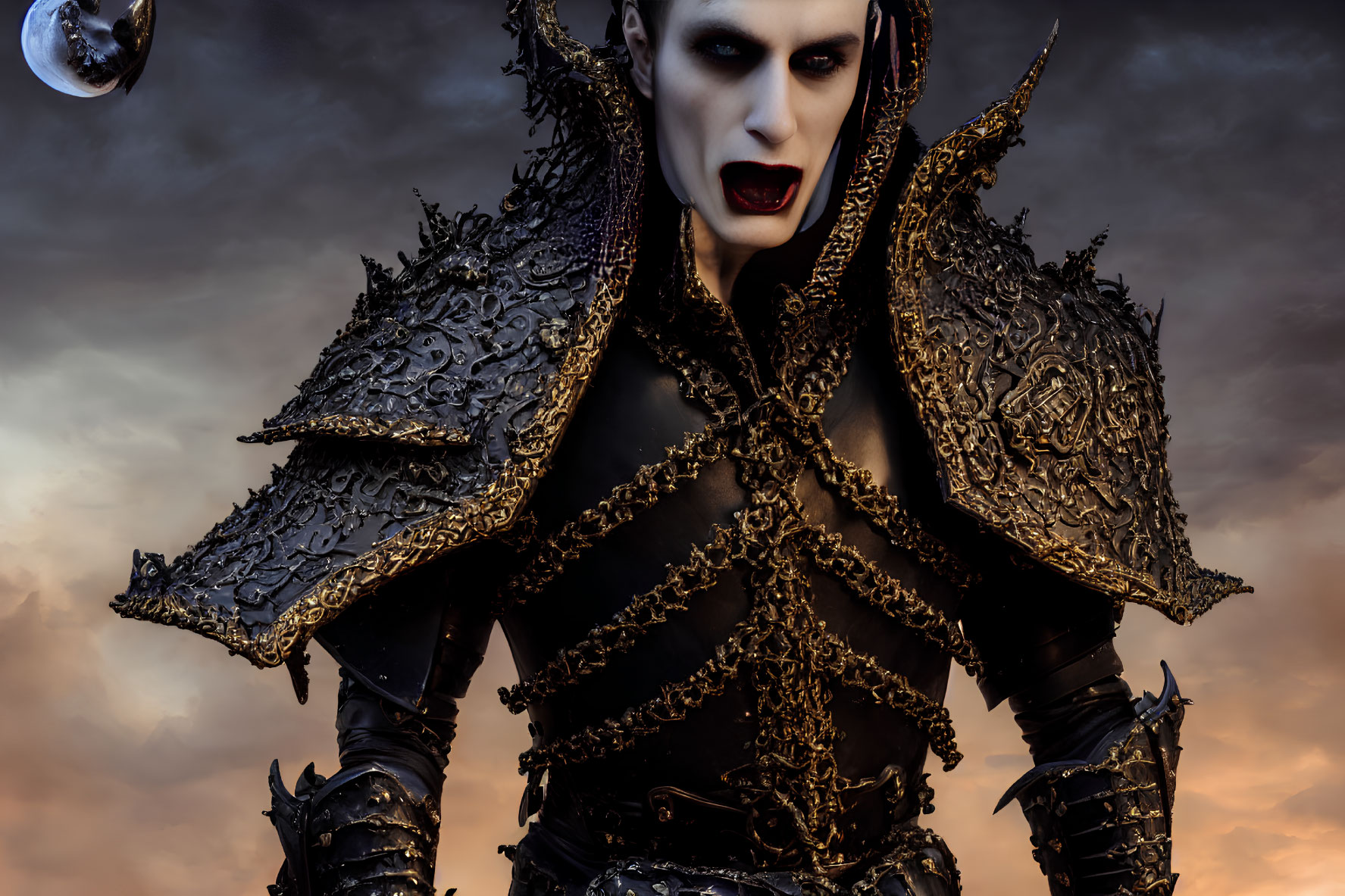 Elaborate Dark Armor and Vampire-like Features Under Dramatic Sky