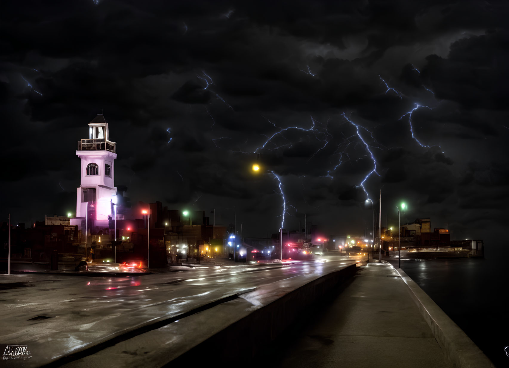 City street at night with colorful tower and lightning strikes