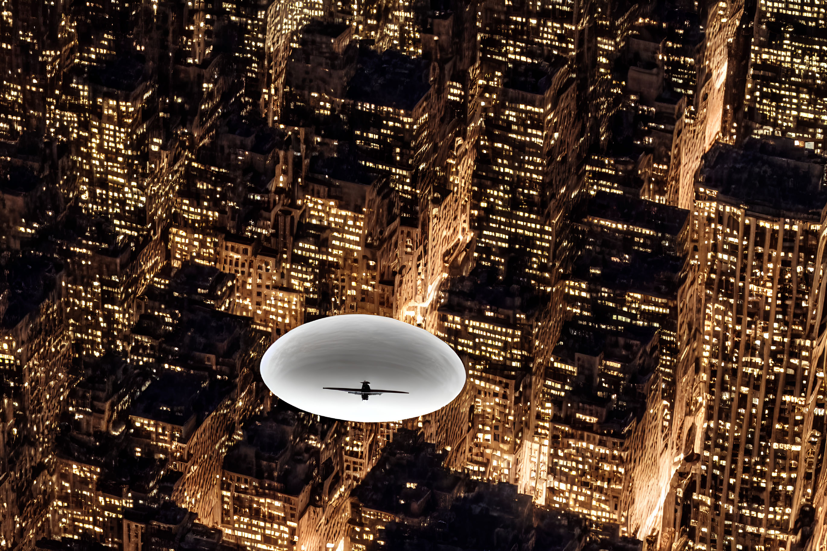 Cityscape at Night with Airplane and Zeppelin in Aerial View