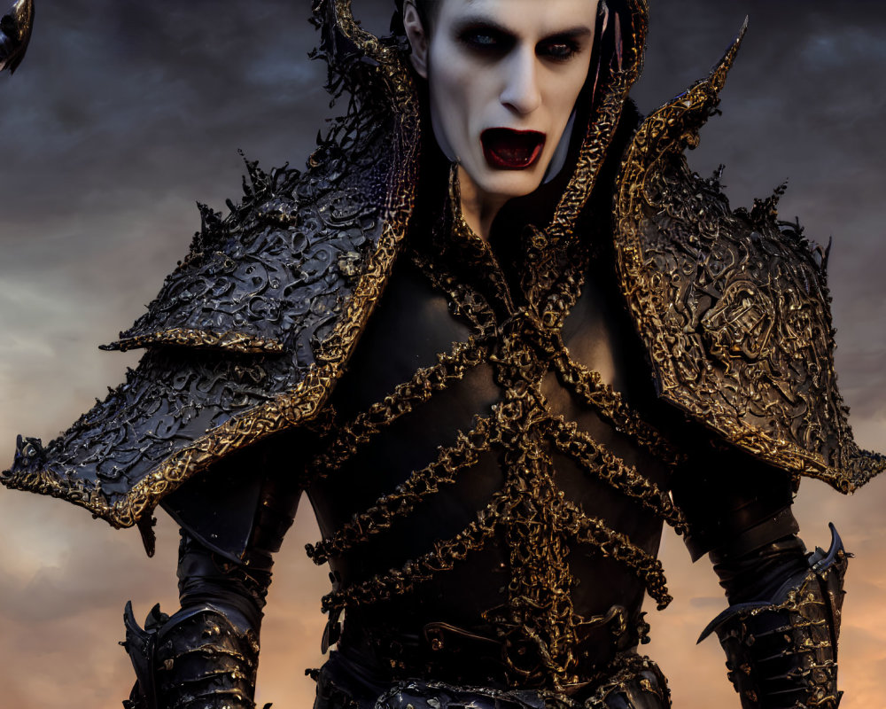 Elaborate Dark Armor and Vampire-like Features Under Dramatic Sky