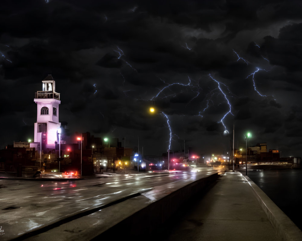 City street at night with colorful tower and lightning strikes