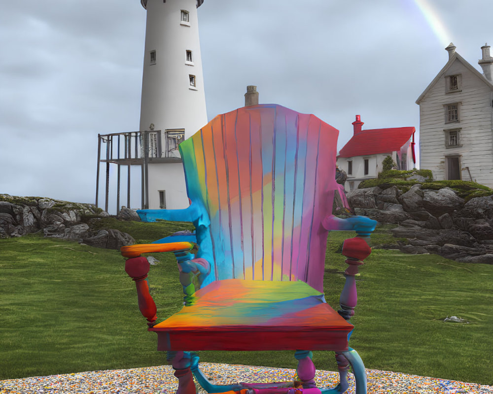 Colorful Rainbow Adirondack Chair on Pebble Beach with Lighthouse and Rainbow Sky