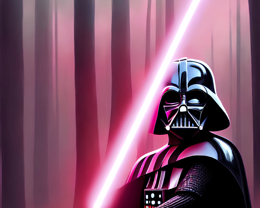 Sith Lord with red lightsaber in forest with sunlight beams