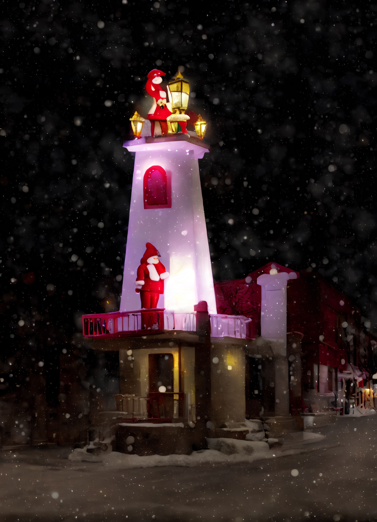 Snowy Night Scene: Festive Lighthouse Decorated with Santa Figures and Lanterns