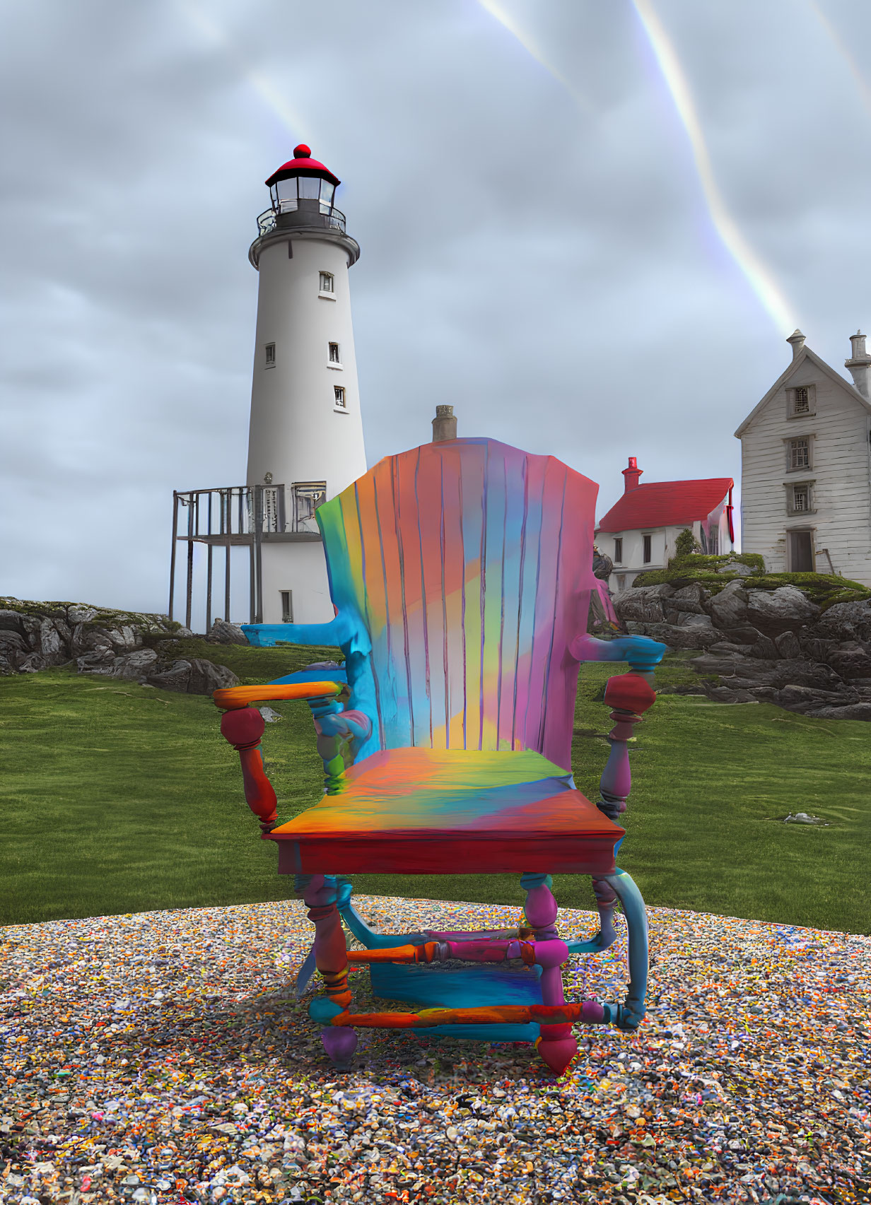 Colorful Rainbow Adirondack Chair on Pebble Beach with Lighthouse and Rainbow Sky