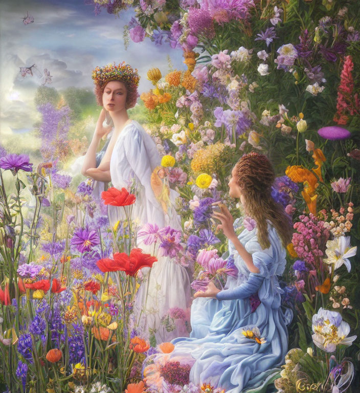 Two Women in Flowing Dresses in Colorful Garden