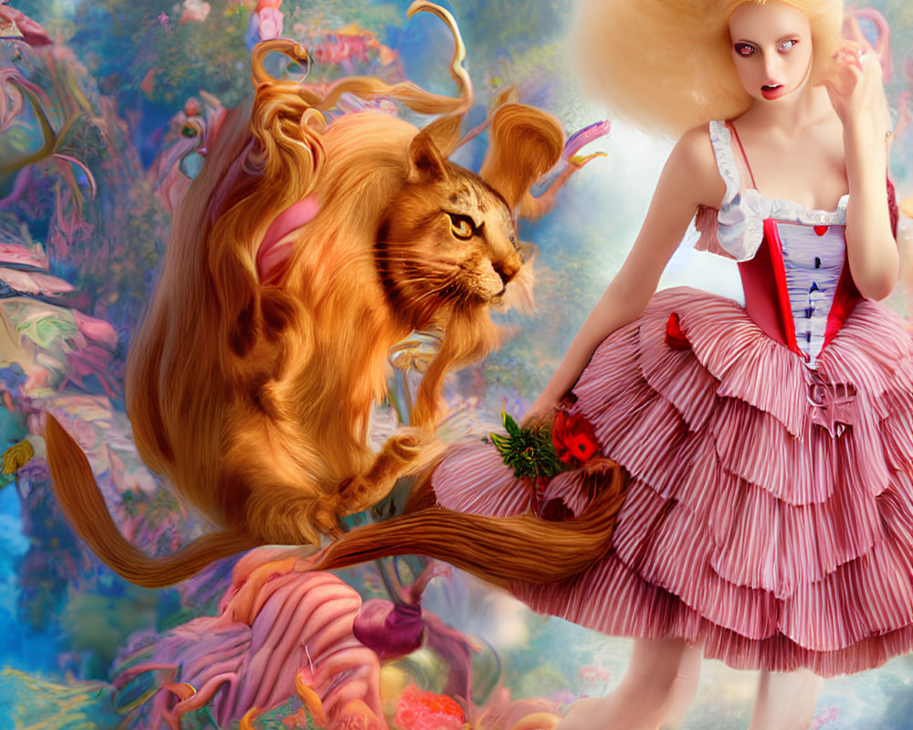 Fantastical scene: Woman in red and white dress with lion-like creature in dreamy backdrop