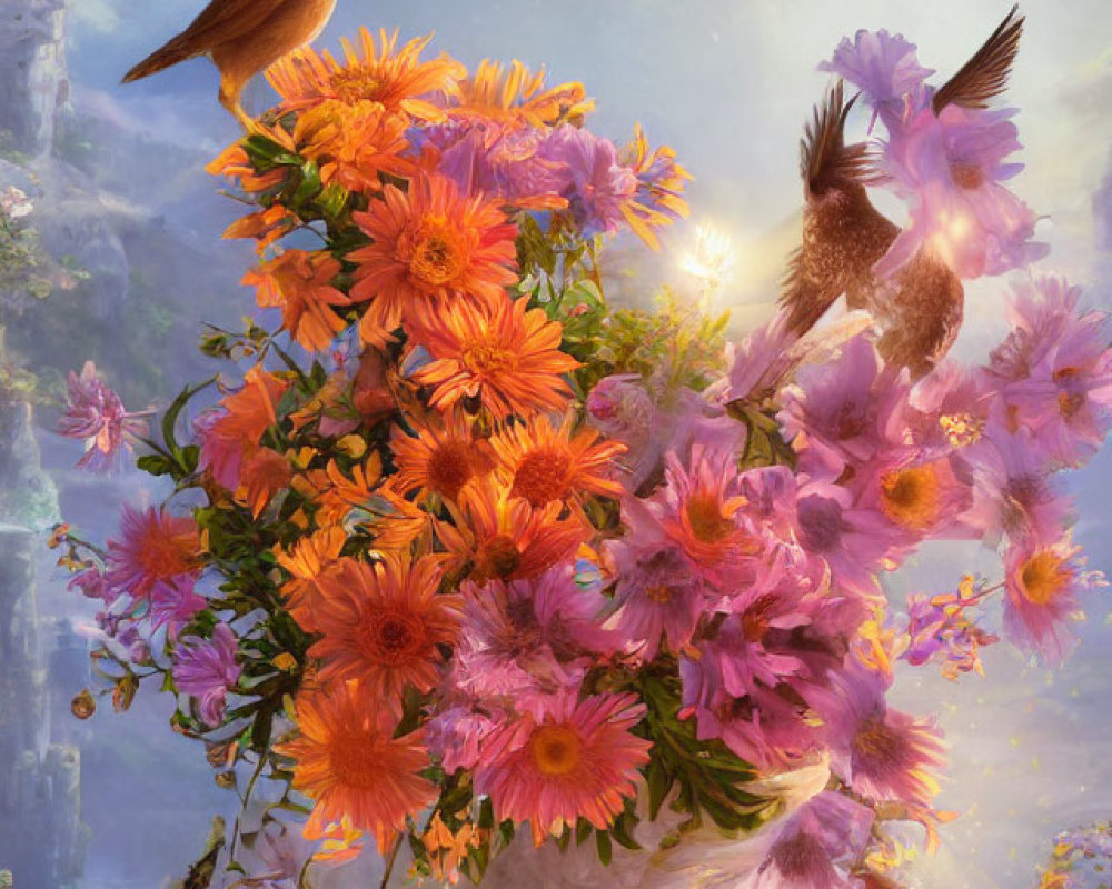 Colorful orange and pink flower bouquet in classical vase with birds, misty cliffs background