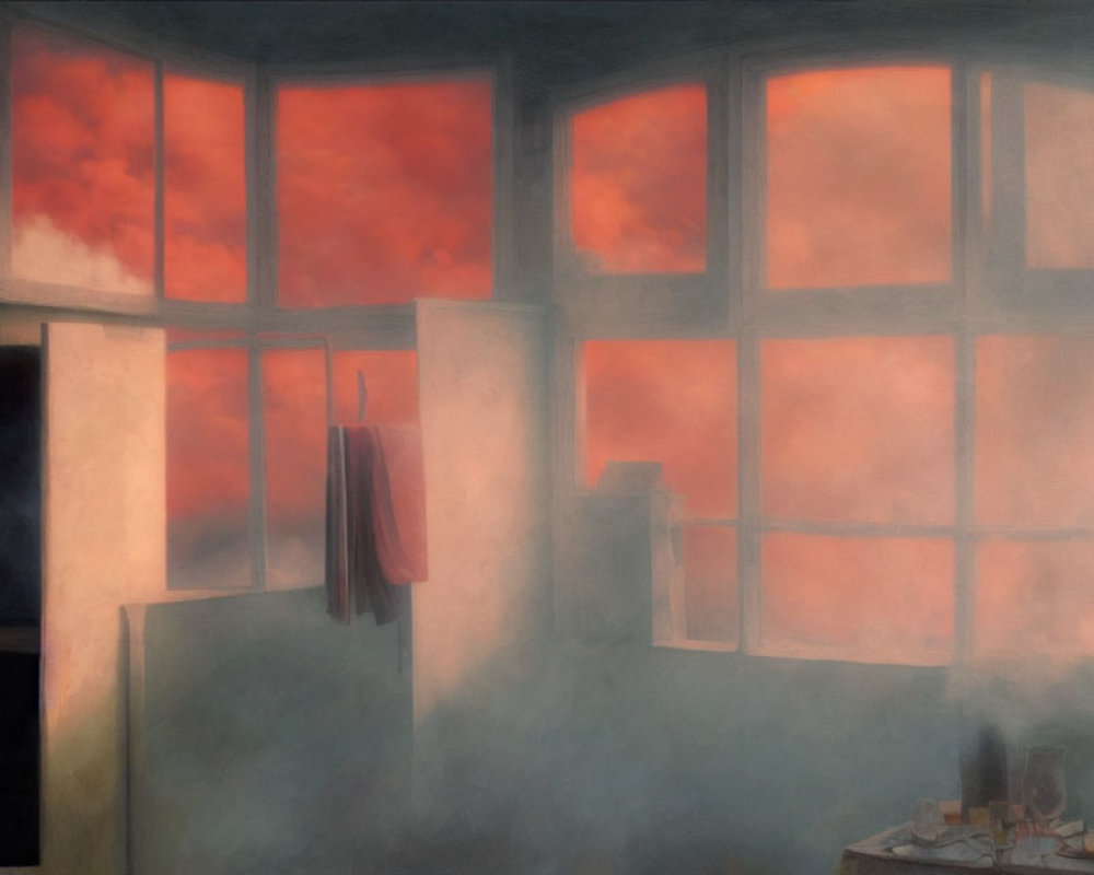 Dimly Lit Room with Red Sky View and Robe Hanging on Window