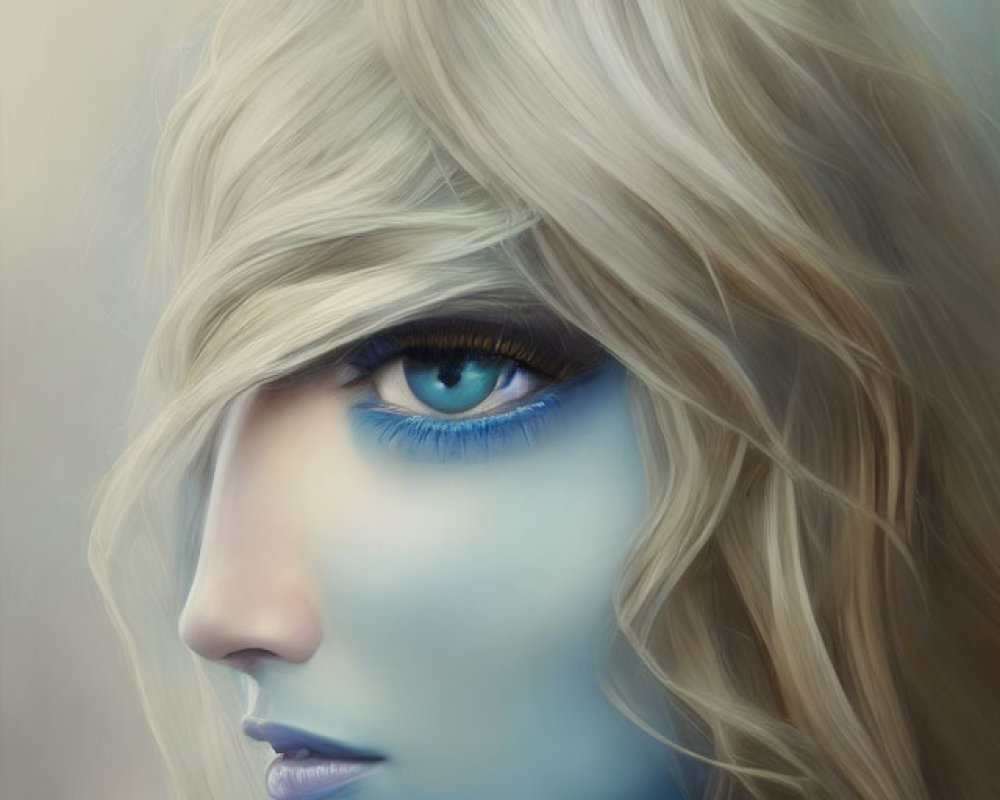 Blue-skinned person with vibrant eyes and blonde hair portrait.