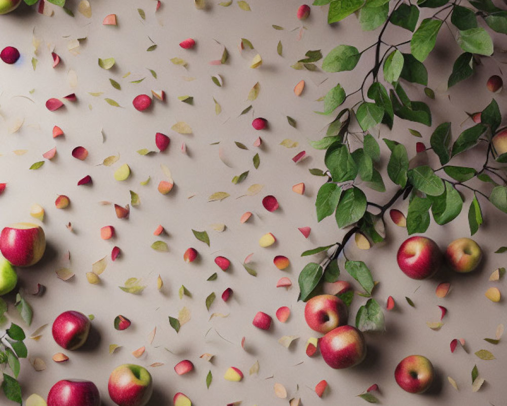 Red Apples and Leaves Arrangement on Beige Surface with Green Foliage