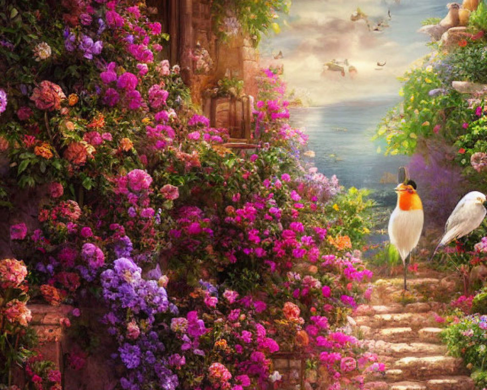 Blooming garden path with lanterns and stork by serene seascape