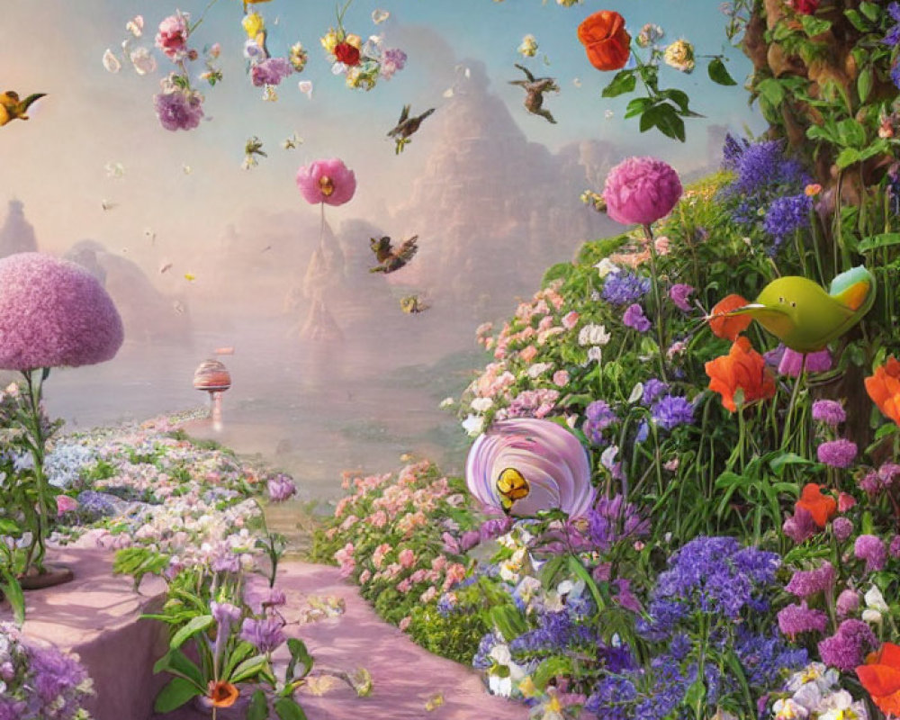 Colorful Flower Garden with Birds and Floating Islands