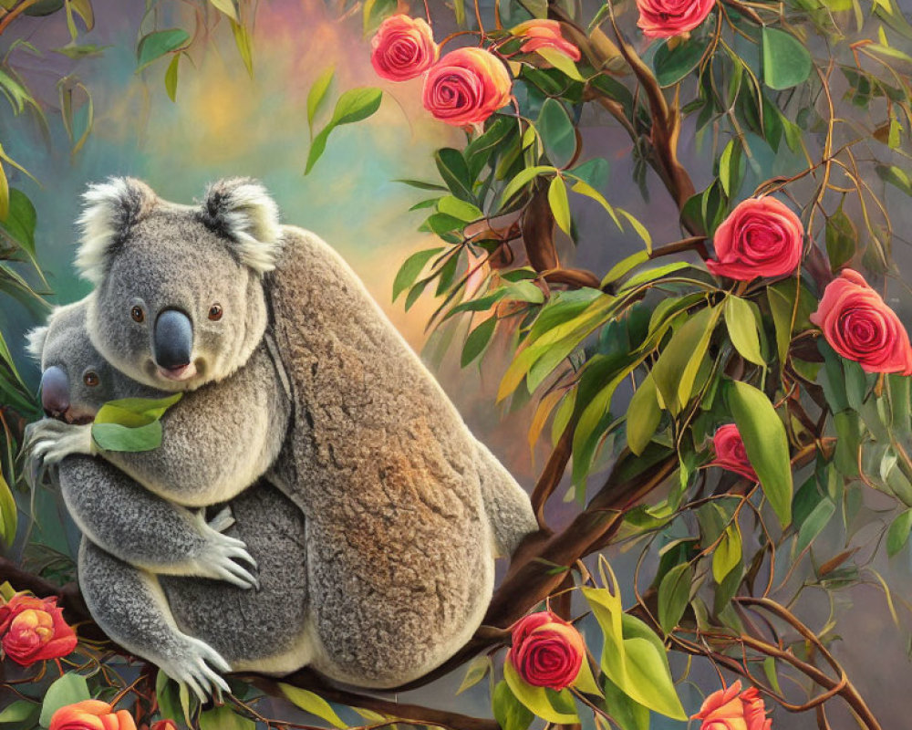 Digital painting of koalas embracing on tree branch with greenery and pink roses