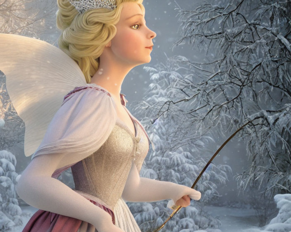 Translucent-winged fairy with wand in snowy forest