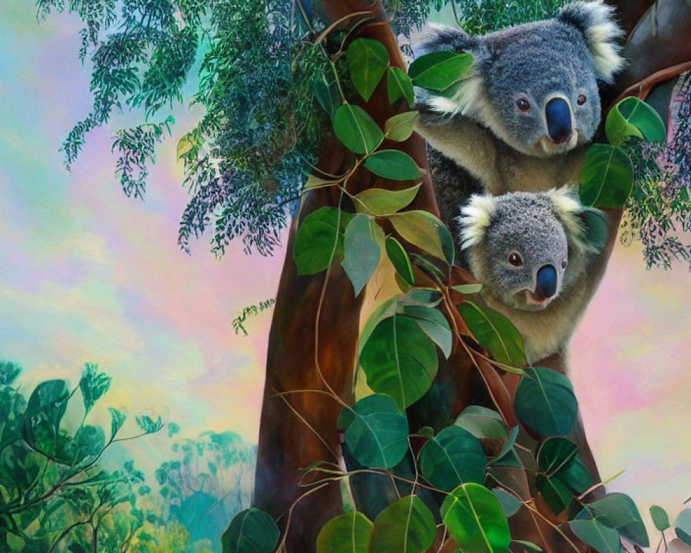 Colorful Artwork of Two Koalas in Eucalyptus Tree