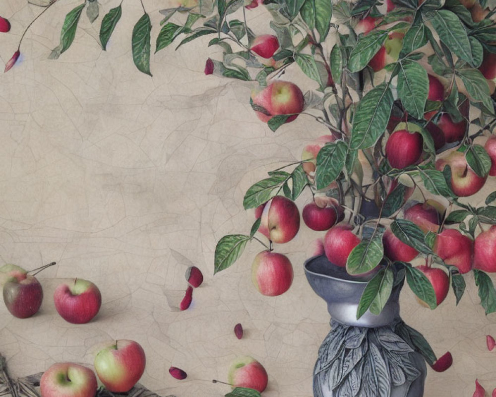 Red apples in still life arrangement on beige background with gray vase