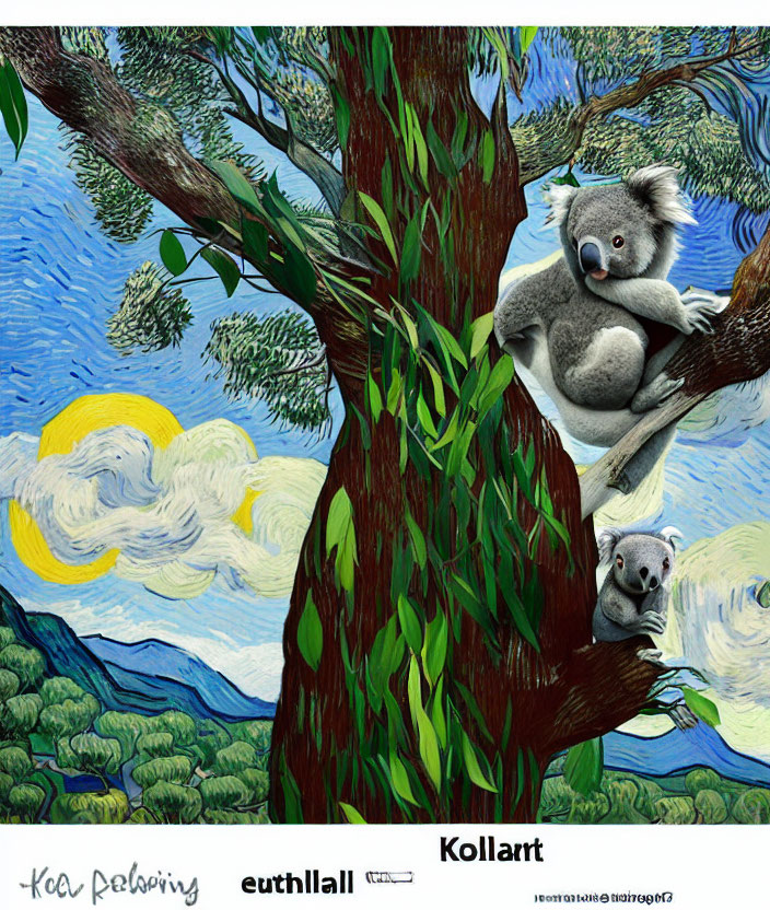 Digital Artwork: Van Gogh's "Starry Night" with Koalas on Euc