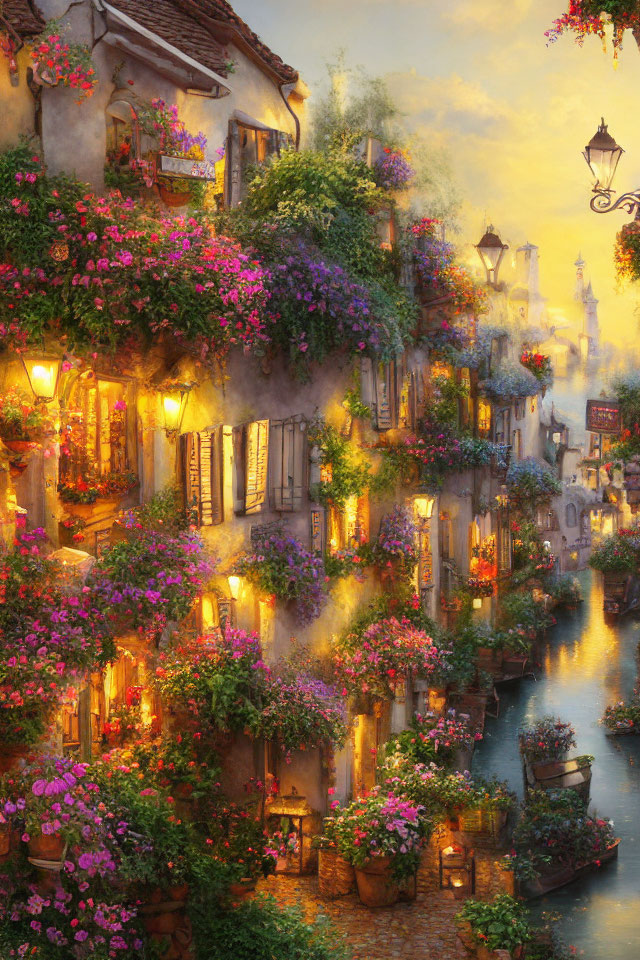 Colorful riverside dusk scene with glowing buildings and gentle stream