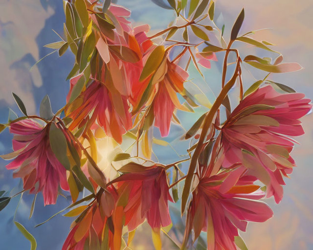 Pink flowers and green leaves in soft sunlight haze