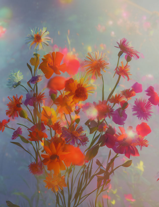 Vibrant colorful flowers in misty background with ethereal light spots