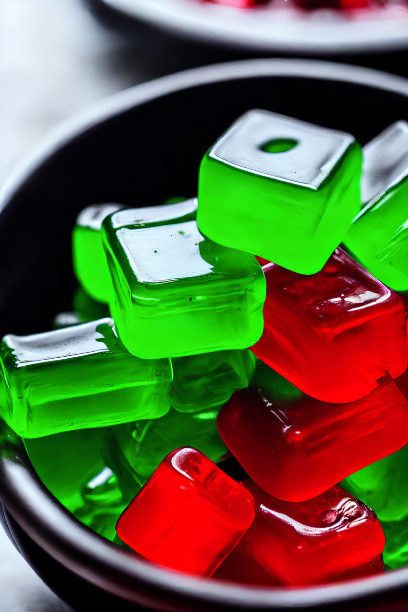 Assorted Red and Green Cubic Gummy Candies in Glossy Black Bowl