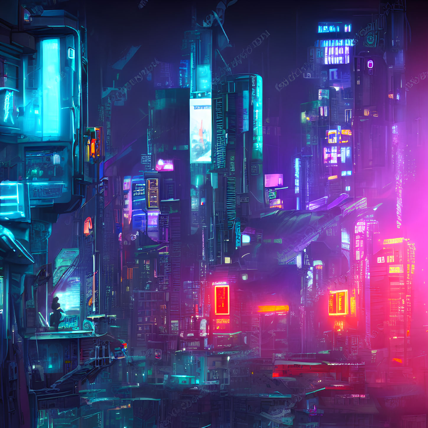 Futuristic neon-lit cityscape with skyscrapers and glowing ads